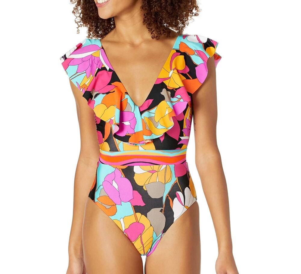 Trina Turk Gemini One Piece Swimsuit Size 14 Ruffle Multicolor Resort Swimwear